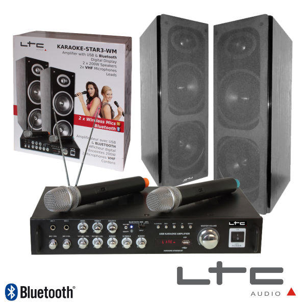 CONJUNTO KARAOKE AMPLIFICADOR 2X200W 2 COLUNAS 2MIC BT LT