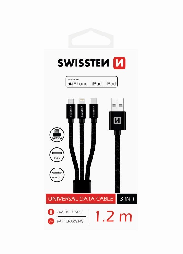 SWISSTEN - Textile 3-in-1 Cable (1.2m-black) Textile 3-in-1 Cable (1.2m-black)